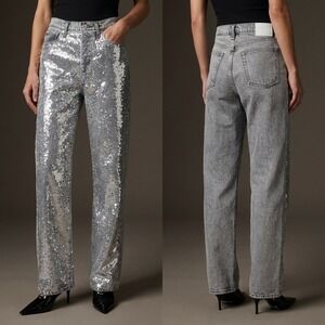 RAG & BONE Shea High Rise Relaxed Straight Jeans 33 Silver Sequin RJ3925H1RSS